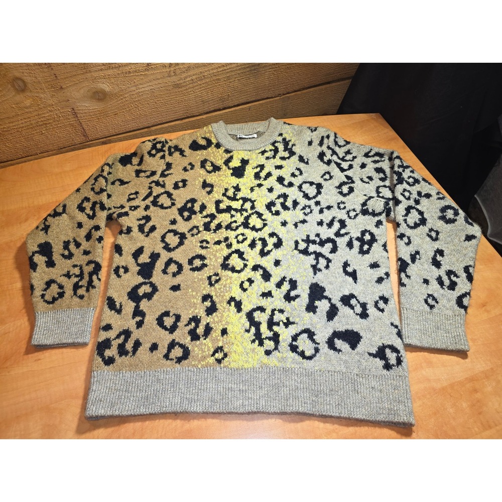 Zara Womens Leopard Animal Print Knit Sweater Tan Grey Yellow Crewneck Size M
